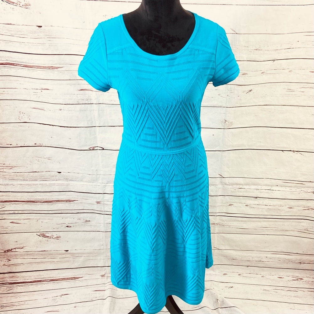 Talbots Dress Women's Medium Blue Fit & Flare Knit Short Sleeve Round Neck